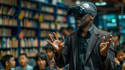 A man wearing VR headset interacts with a virtual world,  his hands reaching out in front of him. The background features a blurred bookshelf with people sitting in the audience.