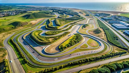 Aerial view of the Zandvoort race track circuit with sharp turns and sweeping curves, aerial view, race track, circuit