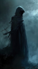 Fototapeta premium The image features a dark, mysterious figure draped in tattered, flowing robes that blend into an equally dark and eerie background. The figure's face is obscured, shrouded in a deep hood that adds to