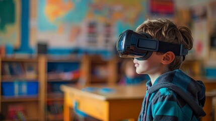 A young boy wearing a VR headset in a classroom setting, exploring the possibilities of immersive learning.