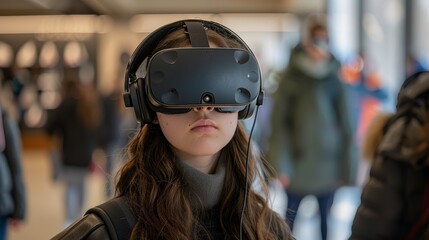 A young woman wearing a virtual reality headset, immersed in a digital world.
