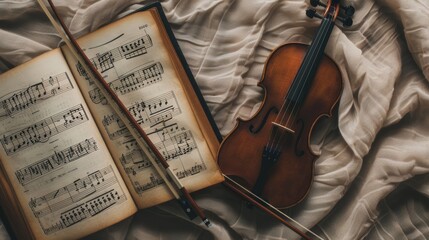 A violin lies next to an open sheet music book on a softly wrinkled fabric, creating a serene and artistic scene.