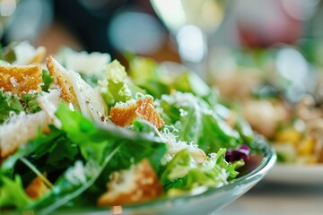 close up of Caesar salad crisp greens selective focus upscale restaurant
