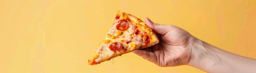 Hand holding a minimalist slice of pizza with a solid pastel yellow background selective focus, whimsical, Composite, solid pastel yellow background