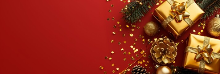 Fototapeta premium Festive Christmas banner web poster, header for website, colorful decorative decorations. Horizontal format New Year border poster. Xmas holiday background