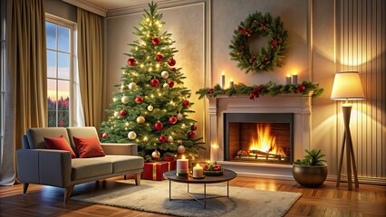 Christmas tree with fireplace in cozy living room, decor, holiday, festive, home, interior, warm, cozy, hearth, fire
