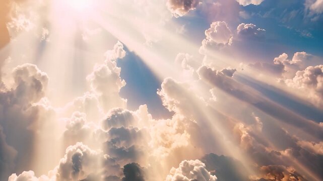 Radiant sunbeams piercing through fluffy clouds in the sky, Radiant beams of light filtering through delicate clouds