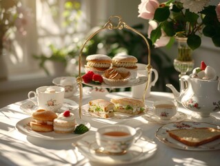 Fototapeta premium A relaxing afternoon tea scene featuring assorted sandwiches and elegant teacups, with sunlight streaming onto the table.