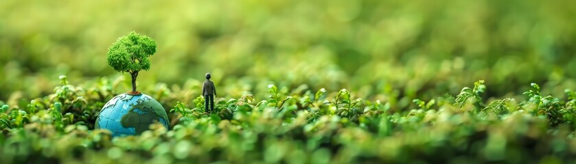 A tiny figure stands in a field of vibrant green foliage.