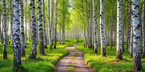 Fototapeta premium Birch forest with a winding trail , Nature, trees, trail, outdoors, serene, peaceful, woodlands, scenery, tranquil