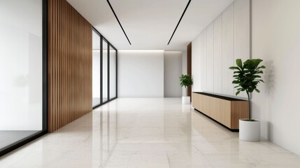 Photo of a contemporary and sleek office space with clean and minimal design elements flooded with natural light shining through the large glass windows