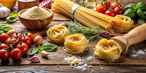 Pasta ingredients and utensils on a table, selective focus, pasta, table, ingredients, utensils, cooking, Italian, food