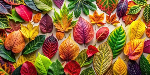 Fototapeta premium Assortment of vibrant leaves in various shapes and colors, leaves, collection, nature, foliage, assortment, greenery
