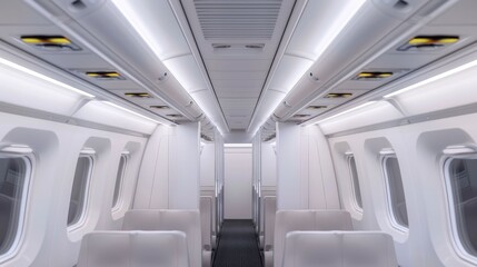 Fototapeta premium Overhead airplane storage compartments in a passenger cabin aircraft offering ample space and organization for stowing luggage and personal items during the flight