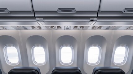 Overhead storage compartments being utilized by passengers in the interior cabin of a commercial airplane with a deep depth of field