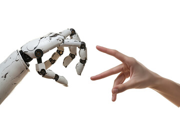 Robot and human hands touching each other fingers isolated on transparent background