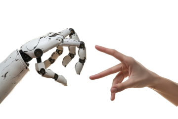 Robot and human hands touching each other fingers isolated on transparent background