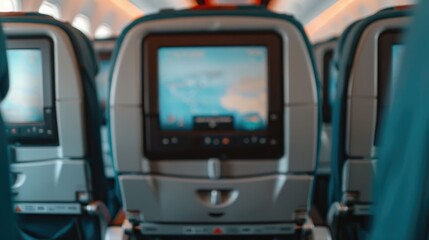 Close up view of seatback entertainment screens displaying various in flight media options such as movies TV shows music and other digital content for airline passengers during their journey