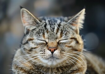 Close-Up of a Relaxed Tabby Cat with Closed Eyes in the Sun