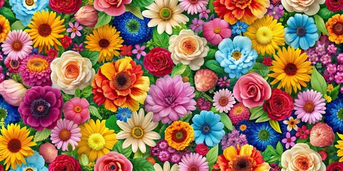 Beautiful seamless pattern with colorful flowers, floral, garden, nature, bloom, botany, background, repetitive