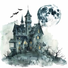 Obraz premium Watercolor painting of a haunted mansion in moonlight, on isolated white background, Generative AI