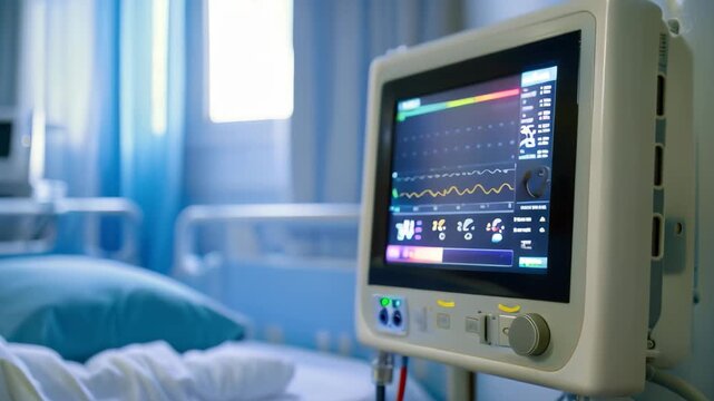 A hospital room with a monitor displaying vital signs on the wall, Remote patient monitoring devices for improved healthcare