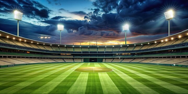 Stadium night cricket field prepared for match, stadium, night, cricket, field, equipment, floodlights, pitch, sports
