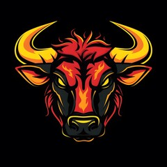 Illustration of a red and yellow bull head with fire-like mane and horns