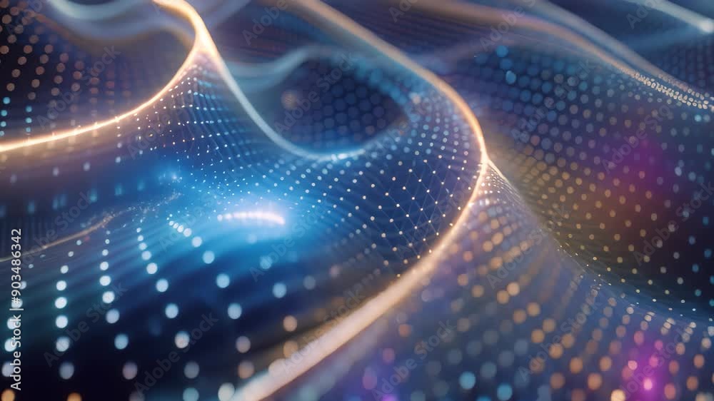 Poster hypnotic pattern of data streams in motion on a blue and yellow abstract background, render a hypnot