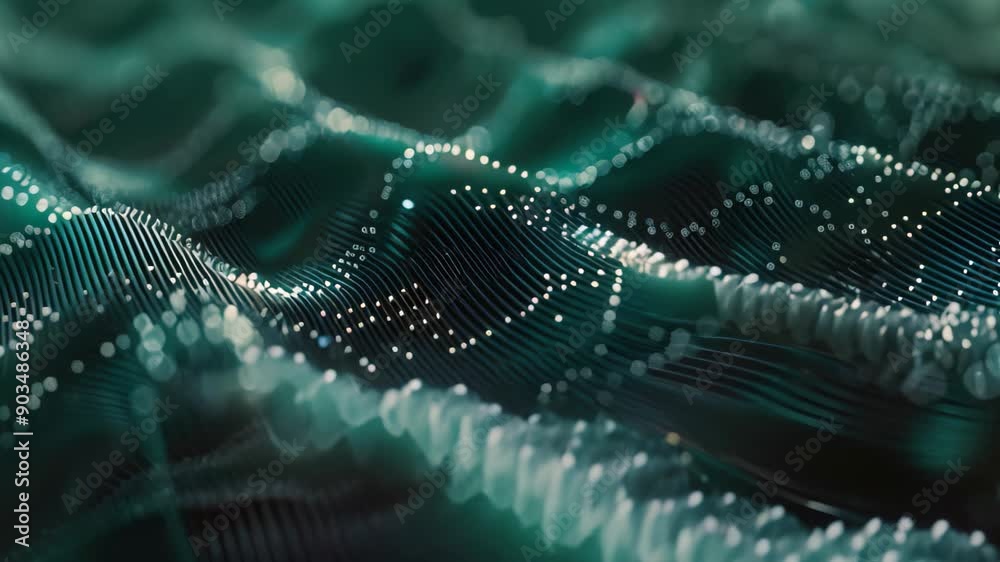 Poster Detailed view of a computer screen showing a hypnotic pattern of data streams in motion, Render a hypnotic pattern of data streams in motion, merging and diverging endlessly