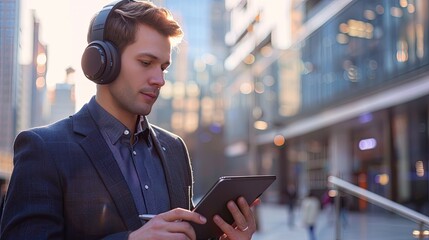 A businessman in the city is using a tablet PC while sporting headphones.