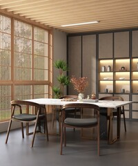 Luxury oriental dining room with white marble table, wooden chair, rattan cabinet wall in sunlight from shoji window for luxury, oriental interior design decoration, product background 3D