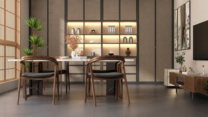 Luxury oriental dining room with white marble table, wooden chair, TV, rattan cabinet wall in sunlight from window for luxury, oriental interior design decoration, product background 3D