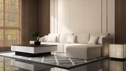 Brown wood panelling wall living room with white L shape sofa, marble coffee table in sunlight from shoji window for luxury, oriental interior design decoration, product background 3D