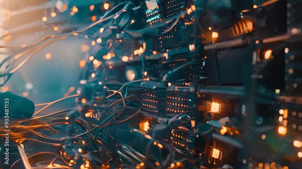 Aufkleber a computer server with numerous wires and indicator lights, showcasing the complexity of network sec