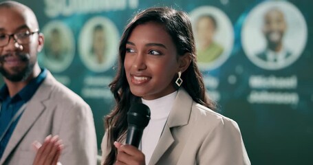 Woman, microphone and talk at business summit as presenter, guest or event host in panel discussion. Female person, public speaker and speech in conference, seminar or convention for renewable energy