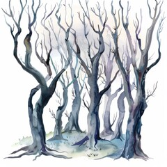 Naklejka premium Watercolor painting of a mystical forest with twisted trees, on isolated white background, Generative AI