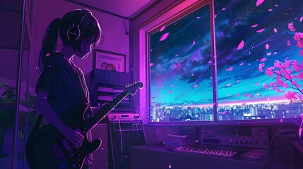 Anime Girl Playing Guitar in a Room with a View of a Night City.