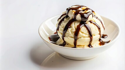 Vanilla ice cream topped with decadent chocolate syrup, vanilla, ice cream, chocolate, sweet, dessert, treat, delicious, creamy