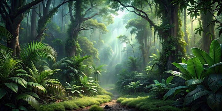 Fototapeta Moody deep forest scenic view with dense jungle environment, moody, deep, forest, scenic, view, jungle, environment, background