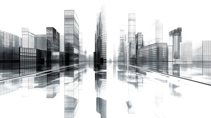 Futuristic financial district, graphic perspective of buildings and reflections isolated on transparent background
