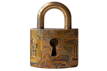 Golden padlock with integrated electronic circuit isolated on transparent background