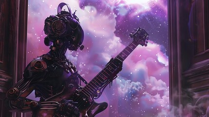 Obraz premium Robot Guitarist Gazes at a Cosmic Sky Through a Window.