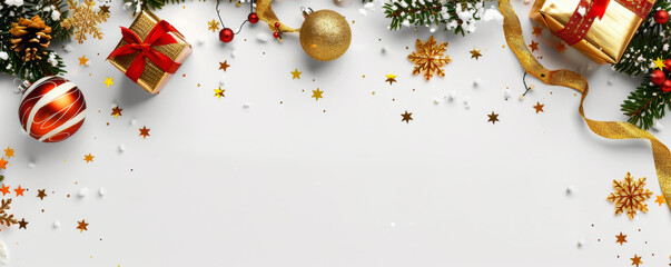 Festive Christmas banner web poster, header for website, colorful decorative decorations. Horizontal format New Year border poster. Xmas holiday background