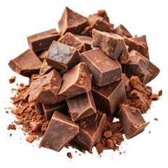 Chunks of roughly crushed chocolate or solid cocoa mass on transparent