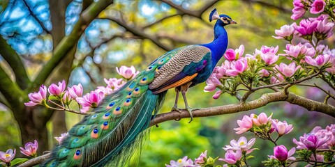 peacock perched elegantly on a magnolia tree branch, peacock,magnolia tree, branch, wallpaper, elegant, vivid, colorful, feathers