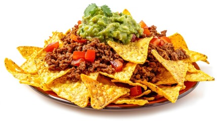 Nachos with Ground Beef, Guacamole and Tomatoes