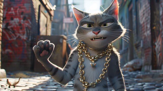 Streetwise Cat with Gold Chains in Urban Graffiti Alley - Cute Animation of a Tough Cat with Bling
