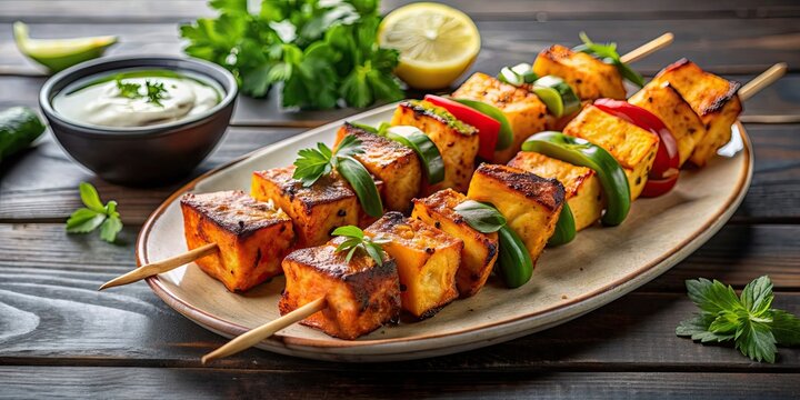 Grilled paneer tikka on skewers, a popular Indian appetizer , paneer, tikka, Indian, cuisine, vegetarian, grill, spicy