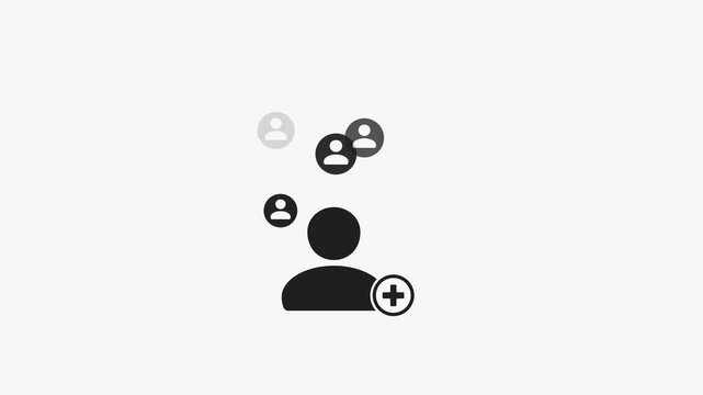 Loop animation of black white icon representing adding new user, with large user icon and smaller user icons floating upwards, indicating new connections or followers, Ideal for social media